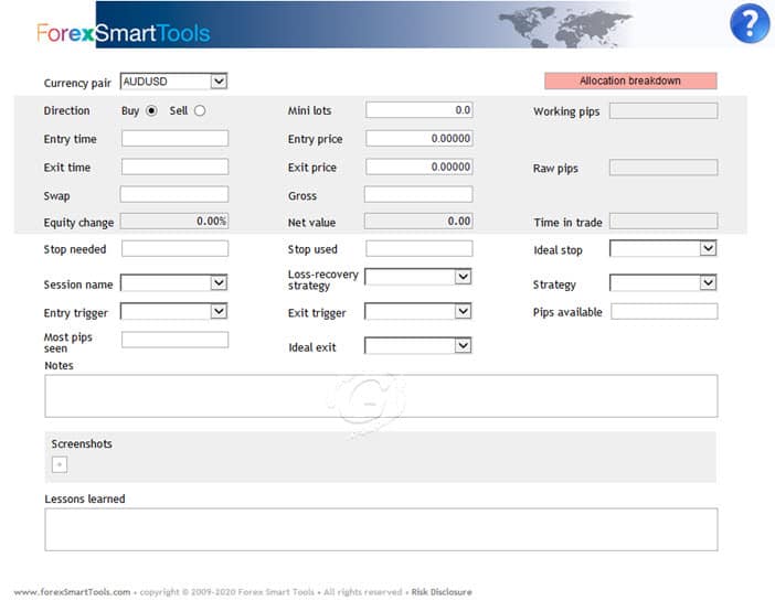 Forex Smart Tools Trade Inputs tab
