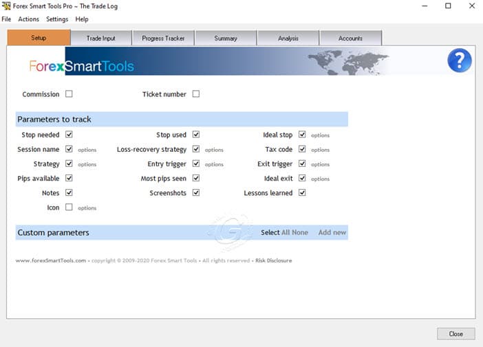 Forex Smart Tools Parameter setup screen